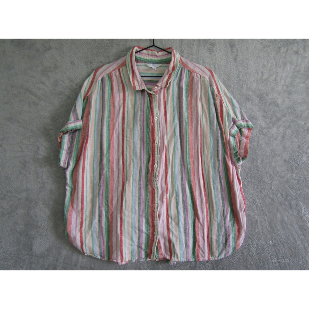 Time and Tru Striped Linen Blend Button Up Shirt XXXL Multi Color Short Sleeve